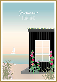 Sommer i Danmark plakat med sommerhus ved strand